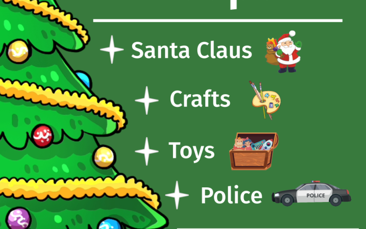 picture of Christmas tree with Santa, topys, crafts and a police car